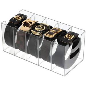 lot 2510 image: ZEXALOR Acrylic Belt Organizer, Belt Storage Holder Purse Organizer for Closet, 5 Compartments Clear Plastic Display Case Pantry Kitchen Cabinet Organizers and Storage Seasoning Organizer - Retail $15