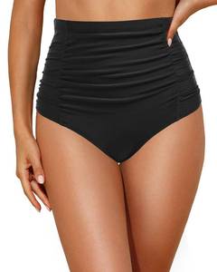 lot 2518 image: High Waisted Swimsuit Bottom Tummy Control Ruched Bikini Bottom Black L - Retail $24