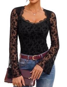 lot 2522 image: Mesh Long Sleeve Tops for Women, Lace Gothic Date Night Outfits, Black, S - Retail $731