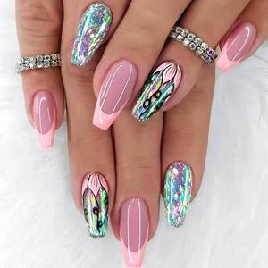 lot 2523 image: SEE PHOTOS Coffin Press on Nails Medium Dark Pink French Tip Fake Nails Press ons, Full Cover Flase Nails with Glitter Flower Designs Artificial Long Acrylic Glue on Nails for Women 24 Pcs - Retail $7