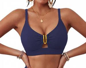 lot 2526 image: BMJL Womens High Waisted Bikini Ribbed V Neck Lace Up Swimsuit Top(M,Navy Blue) - Retail $30