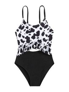 lot 2527 image: WDIRARA Girls Cut Out One Piece Swimsuit Cow Print Ruffle Trim High Waisted Swimwear hot Pink and Yellow 10Y - Retail $20