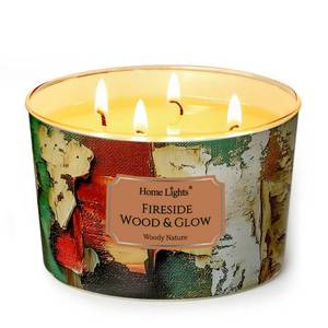 lot 2553 image: Home Lights 4-Wick Candles for Home Scented - 18oz Soy Wax Candle Long-Lasting Fragrance, Industrial Chic Home Decor and Housewarming Gifts, Fireside Wood & Glow - Retail $23