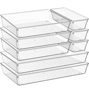 lot 2557 image: Criusia 8 Pack Drawer Organizer for Kitchen Gadgets, Large Clear Plastic Drawer Divider for Kitchen Accessories, Bathroom Organizers and Storage, Home Essentials for Makeup and Vanity Accessories - Retail $30