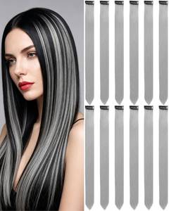 lot 2578 image: 12 PCS Gray Hair Extensions Clip-in Colored Accessories for Teen Women Gift - Retail $7