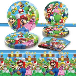 lot 2582 image: Mario Birthday Party Supplies, 20 Plates, 20 Napkins and 1 Tablecover for Mario Party Supplies, Mario Theme Party Decorations - Retail $3,010