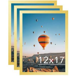lot 2586 image: JCJMY 11x16 Gold Picture Frame Set of 3, Horizontal and Vertical Formats for Wall Hanging, 11 x 16 Wall Gallery Poster Photo Frames with Durable Shatter Resistant Plexiglass, 3 Pack, Gold - Retail $147