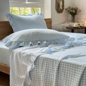 lot 2598 image: NSNLGSGC Light Blue Gingham Ruffle Queen Sheet Set - Retail $34