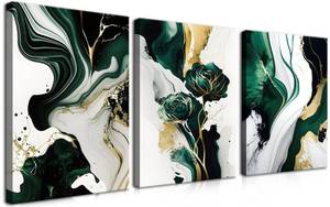 lot 2602 image: YHCTHT Abstract Emerald Green Canvas Wall Art Set of 3 �� Modern Green and Gold Marble Wall Decor, Luxury Abstract Artwork Prints for Living Room Bedroom Office Home Decoration �� 12x16in - Retail $28