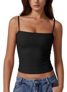 lot 2619 image: QINSEN Basic Cami Tank Top for Women Spaghetti Straps Sleeveless Double Lined Fashion T Shirt Tops Black S - Retail $20