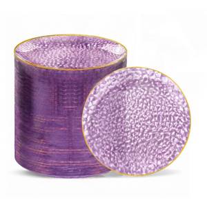 lot 2642 image: Rubtlamp 100Pcs Purple Gold Plastic Dessert Plates, 7 Purple Disposable Appetizer Plates With Gold Rim, Heavy-duty Party Salad Plates, Hammered Plastic Clear Dessert Plates for Wedding - Retail $36