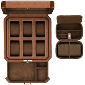 lot 2647 image: Gift Set 6 Slot Leather Watch Box with Valet Drawer - Luxury Watch Case Display Organizer, Microsuede Liner, Locking Jewelry Box, Mens Storage Boxes Holder Large Glass Top (TanBrown Gift Set) - Retail $110
