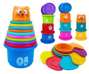 lot 2649 image: Ella Dream 17 PCs Multicolor Nesting and Stacking Cups Set, Baby Bathtub Toys, Early Learning Educational Toys for Infants, Toddlers, Stacking Cups with The Numbers, Shapes, Fruits, Animals Patten - Retail $10
