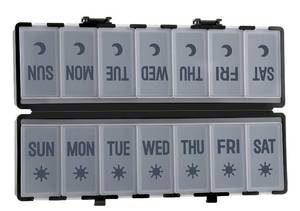 lot 2680 image: Foldable Pill Organizer 2 Times a Day wEtched Labels -Dual Protection & Portable Weekly AM PM Pill Box, 7 Day Medicine Container, Large Travel Pill Case for Week Daily Supplement Vitamin - Black - Retail $5