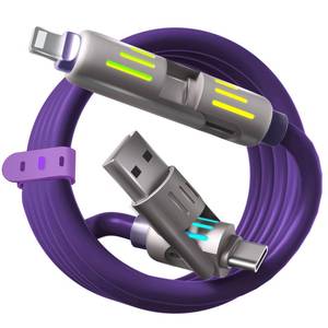 lot 2707 image: 240W 4-in-1 USB C Multi Charger Cable with LED Indicator, PD 5A Fast Charging & Data Sync, Silicone, Compatible for iPhone, Samsung, Laptop, 4FT (Purple) - Retail $14