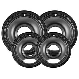 lot 2717 image: 4 Pack Black Cooktop Drip Pans, Compatible with GE Hotpoint Stove. Include 2 Pcs 6 Range Replacement Drip Pans and 2 Pcs 8  Burner Drip Pans for Electric Stove Top - Retail $21