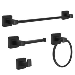 lot 2721 image: Bathroom Hardware Accessories Set 4 Pieces,Stainless Steel Matte Black Towel Bar Set, Includes 24In Towel Bar, Towel Ring, Robe Towel Hooks,Toilet Paper Holder, Bathroom Towel Rack Set - Retail $25