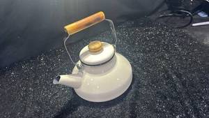 lot 14 image: Stovetop Kettle with Wooden Handle and Strainer Basket