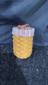 lot 48 image: Woven Basket with Striped Fabric Liner and Leather Handle