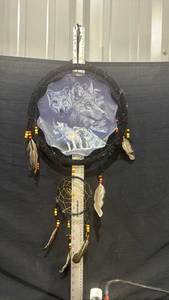 lot 53 image: Wolf Dream Catcher Wall Art Decor with Feathers and Beads