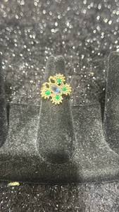 lot 64 image: Gold-Tone Ornate Ring with Blue and Green Stones