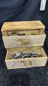 lot 73 image: Carved Wood Two-Drawer Jewelry Box with Elephant Design and jewewo