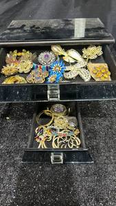 lot 75 image: Jewelry Lot Brooch Pin Ring Earring Collection Two-Drawer Box