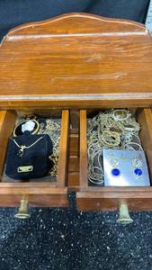 lot 76 image: Wooden Jewelry Box with Metal Knobs and Assorted Jewelry Collection