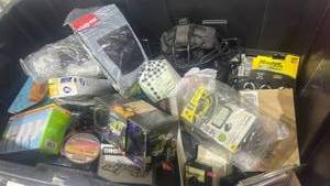 lot 98 image: Myster Lot Box full of good stuff Mixed Lot Tote with Master Lock Magnum, Sylvania CFL Bulbs, Crofton Moscow Mule Mug Set & More