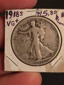 lot 27 image: 1918-S Walking Liberty silver half dollar