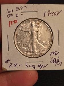 lot 61 image: 1945 MS60 Walking Liberty Silver half dollar