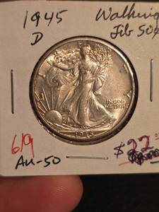 lot 65 image: 1945-D AU 50 Walking Liberty Silver half dollar