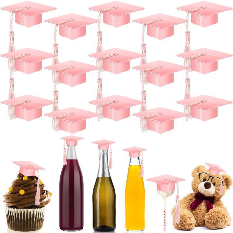 lot 18364 image: 12 Pieces Mini Graduation Cap Pink Hats with Pink Tassels Plastic Grad Cake Pops Cover Toppers for Graduation Party Decorations - Retail $13