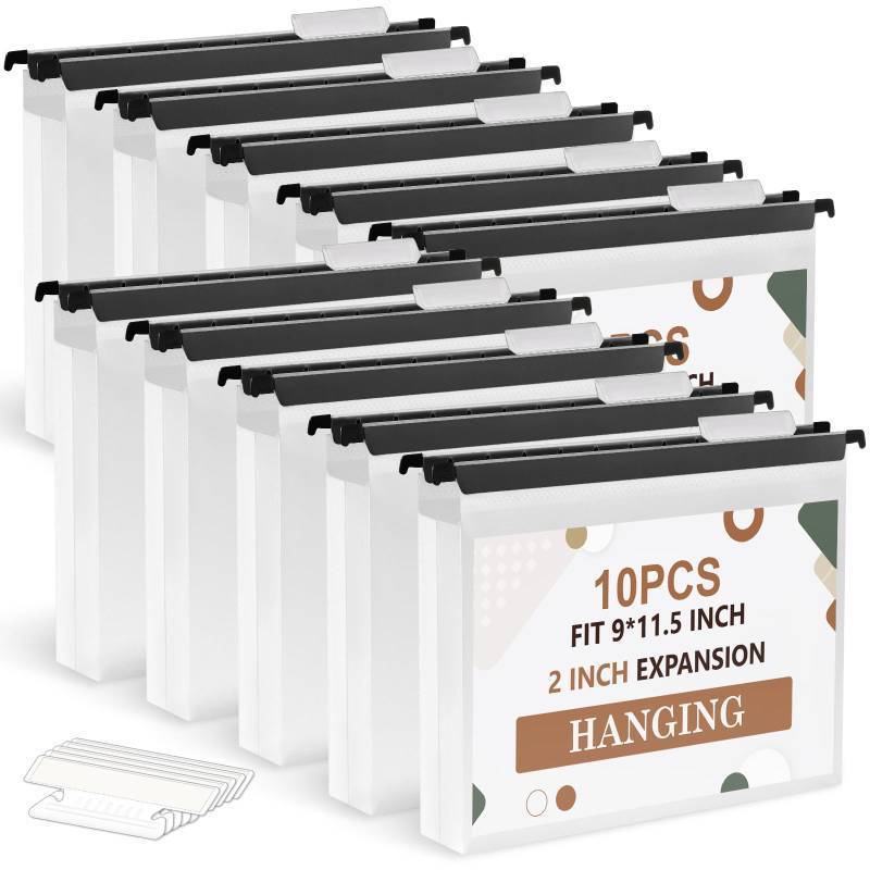 lot 59138 image: 10 Pack Extra Capacity Hanging File Folders Letter Size Plastic File Folder Reinforced Tabs with Heavy Duty 2 Inch Expansion & Black Insert Gasket for Filing Cabinet Durable Hang Folders - Retail $18