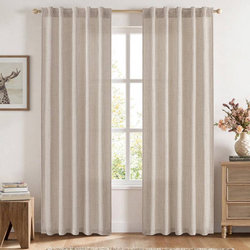 lot 59148 image: Faux Linen Curtains 84 Inch Length 2 Panels Natural Semi Sheer Curtain with Back Tab Rod Pocket, Light Filtering Window Privacy Burlap Drapes for Living Room Bedroom 42W x 84L Linen - Retail $16