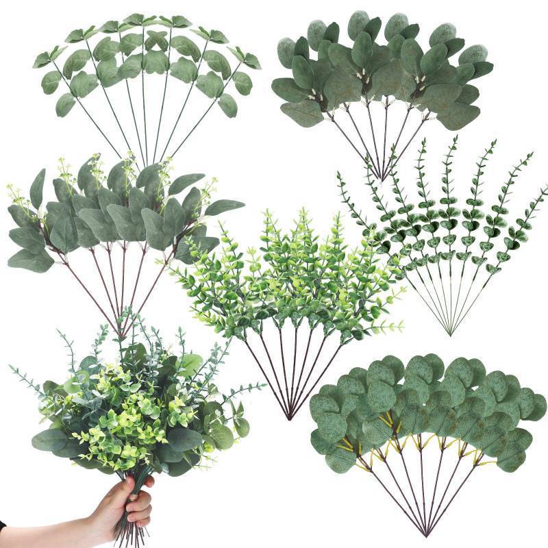 lot 59178 image: 30 Pcs 6 Kind Mixed Eucalyptus Leaves Stem Bulk Artificial Greenery - Retail $16