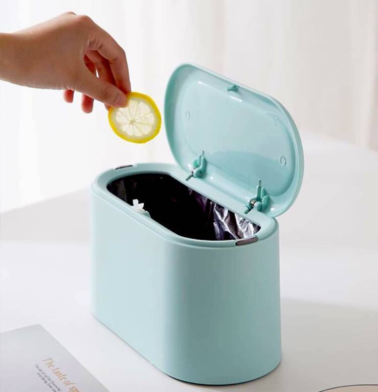 lot 64350 image: Mini Trash Can with Lid - Removable Small Garbage Can, Tiny Plastic Trash Bin, Pop Up Countertop Wastebasket, Counter Garbage Lint Bin for Bathroom,Office,Kitchen,Desk,Coffee Table(Sky Blue) - Retail $12