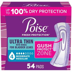 lot 39101 image: Poise Ultra Thin Incontinence Pads for Women, 4 Drop, Wings, 54 ct - Retail $15