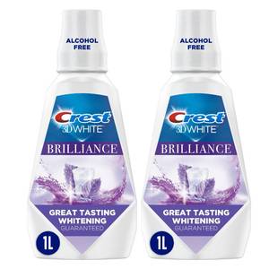 lot 39119 image: Crest 3DWhite Brilliance Alcohol Free Whitening Mouthwash, Value Twin Pack, 2 x 1L (33.8 fl oz) Bottles, Whiter Teeth in 7 Days, Freshens Breath, Peroxide Free, Clean Mint Flavor - Retail $16