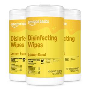 lot 39123 image: Amazon Basics Disinfecting Wipes, Lemon Scent, for Sanitizing, Cleaning & Deodorizing, 255 Count (3 Packs of 85), Packaging May Vary - Retail $12