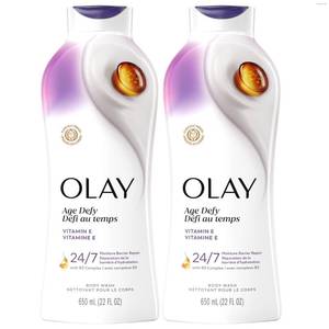 lot 39134 image: Olay Body Wash for Women, Age Defy with Vitamin E, 247 Moisture Barrier Repair, Hydrating & Cleansing for Visibly Soft Skin, Vitamin B3 & Hyaluronic Blend, All Skin Types, 22 fl oz (Pack of 2) - Retail $16