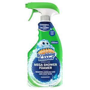 lot 39139 image: Scrubbing Bubbles Mega Shower Foamer Disinfecting Spray, Multi-Surface Bathroom and Tile Cleaner Grime Fighter, Removes 100% Soap Scum, Rainshower Scent, 32 oz - Retail $5