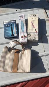 lot 303 image: Bliss Electric Toothbrush Set of Two, Americana Stick Blender 300W, Elle Luxe Cordless Curling Wand and two handbags