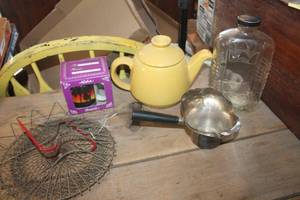 lot 4632 image: Vintage Glass Bottle, Teapot and More