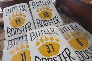lot 4666 image: 5-Metal Butler Booster Signs 12 x 18