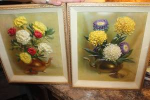 lot 4717 image: Vintage Metal Framed Flower Pictures 12 x 14