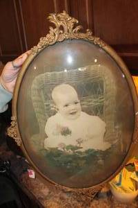 lot 4723 image: Antique Baby Picture Metal Frame some damage 15 x 25