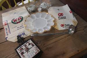 lot 4804 image: Milk Glass Egg Plate, Flour Bags and More