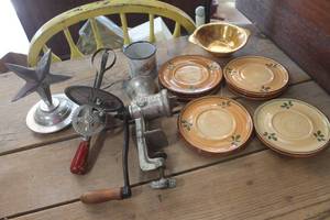 lot 4870 image: Vintage Meat Grinder, Small Pottery Plates & More