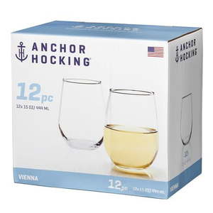 lot 627 image: Anchor Hocking 12Pc-15 Oz Stemless Wine Set Clear 15Oz